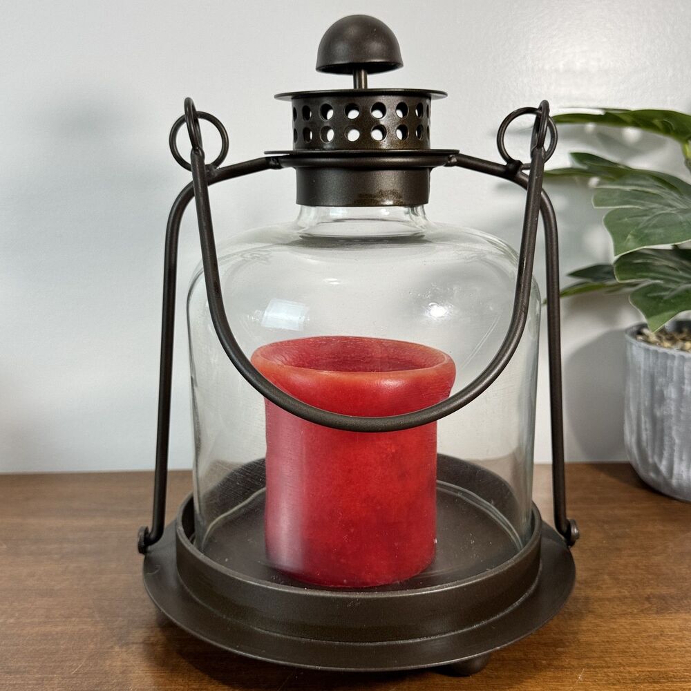 At Home America Metal & Glass Candle Lantern Decor with Red Pillar Candle
